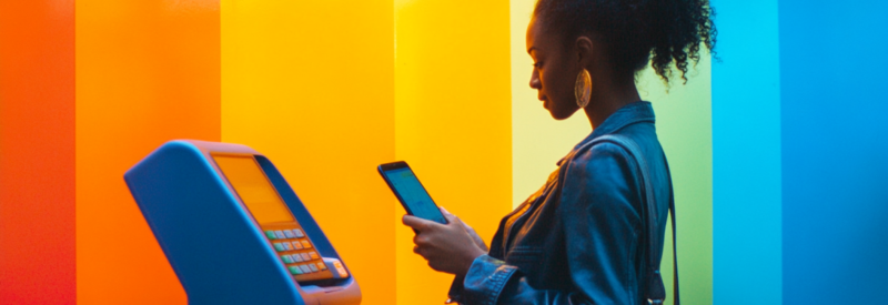 A woman standing with smartphone in front of a mobile credit card reader.