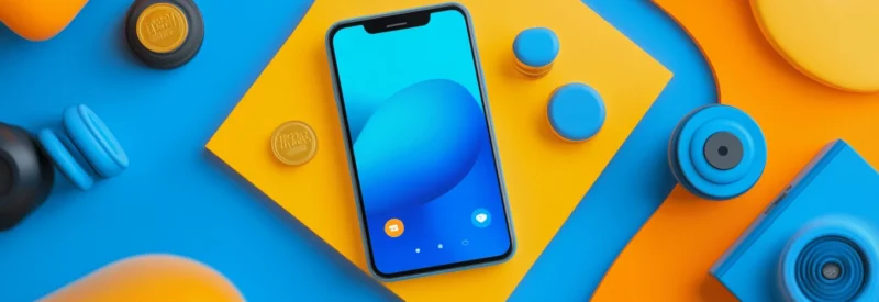 A smartphone with a blue screen rests on a yellow platform, surrounded by blue and gold gaming tokens, a camera, and abstract shapes.