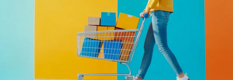 A person wearing a yellow sweater and jeans pushes a shopping cart filled with colorful cardboard boxes against a vibrant multicolored background.
