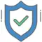 A blue security shield with a green checkmark.