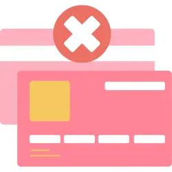 A red X above the front and back of a pink credit card after a Zelle payment failed.