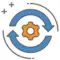 An orange gear icon surrounded by spinning blue arrows.