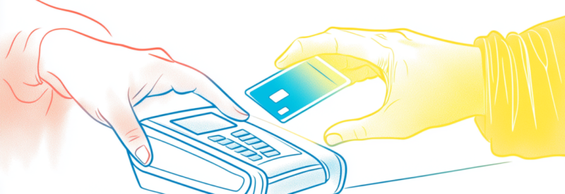 A stylized digital illustration of a customer handing a credit card to a cashier, who is operating a card reader, using blue and yellow gradient shading.