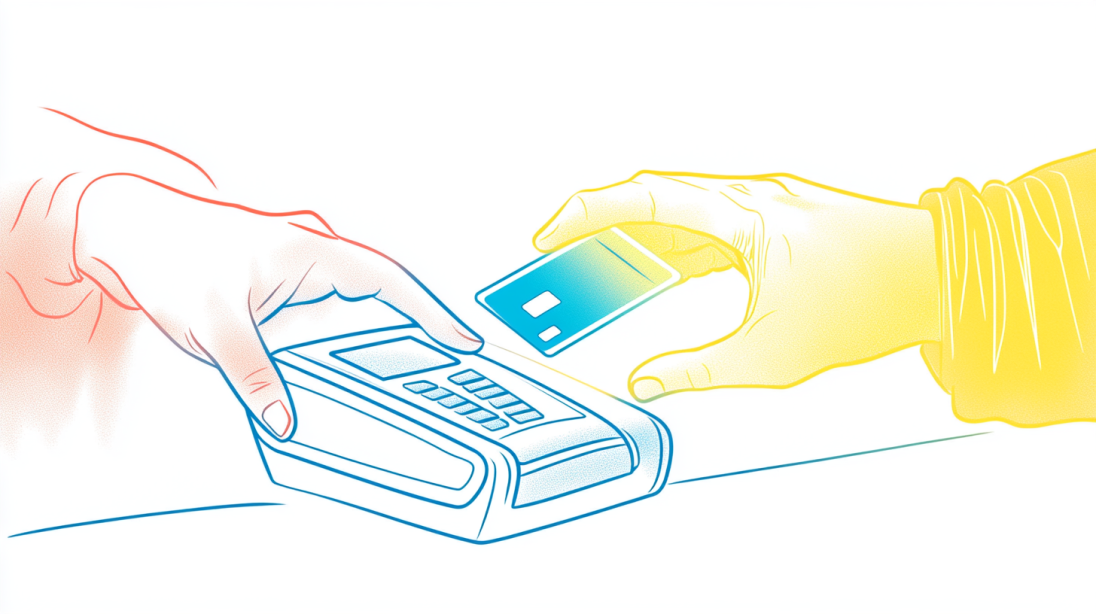 A stylized digital illustration of a customer handing a credit card to a cashier, who is operating a card reader, using blue and yellow gradient shading.