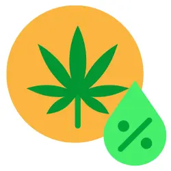 Orange circle with a CBD leaf inside of it along with a drop of CBD oil.