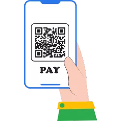 A hand holding a mobile device with a QR code for payment.