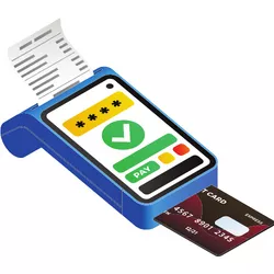 A Shopify POS system with a credit card inserted and receipt printing out.