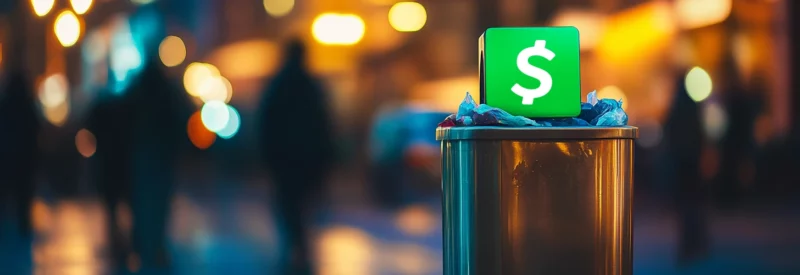 A glowing Cash App logo discarded in a trash bin on a dimly lit city street, symbolizing account deletion.