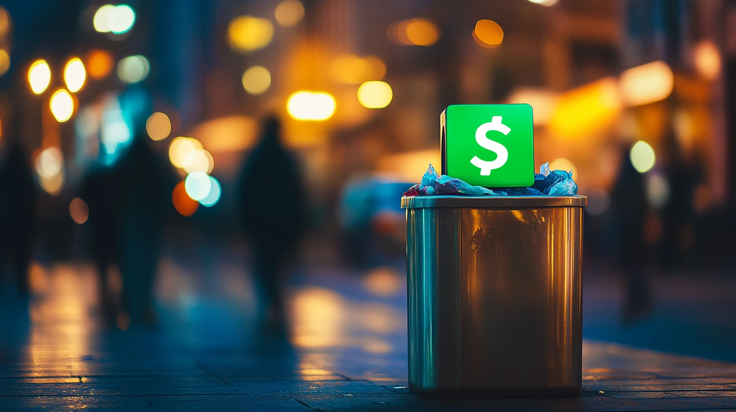 A glowing Cash App logo discarded in a trash bin on a dimly lit city street, symbolizing account deletion.