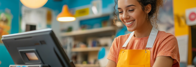 A cashier uses a Shopify POS terminal.