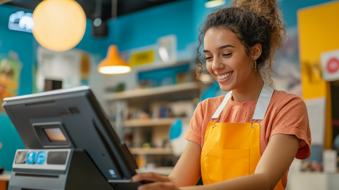 A cashier uses a Shopify POS terminal.