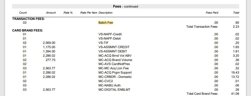 Example of a merchant statement with a batch fee highlighted.