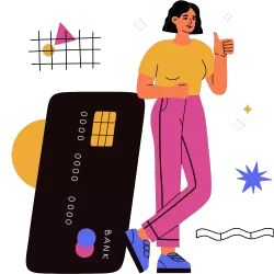 A woman leaning on a black credit card used for payment authorization.
