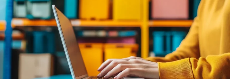 Business owner using laptop in front of warehouse inventory