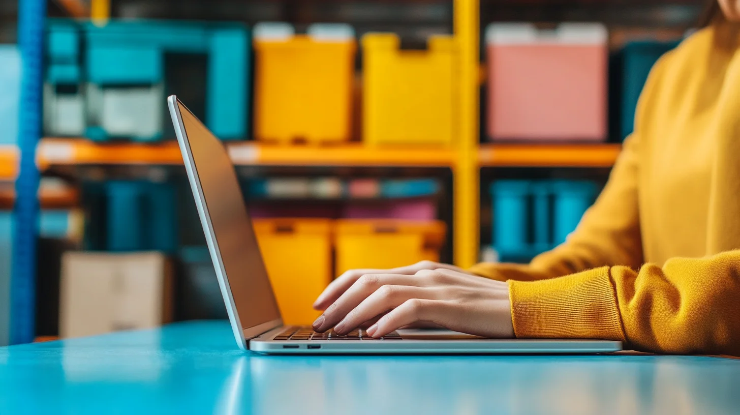 Business owner using laptop in front of warehouse inventory