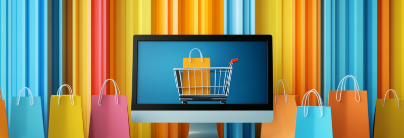 A computer monitor displays a shopping cart with a shopping bag inside, surrounded by colorful shopping bags against a vibrant striped background.