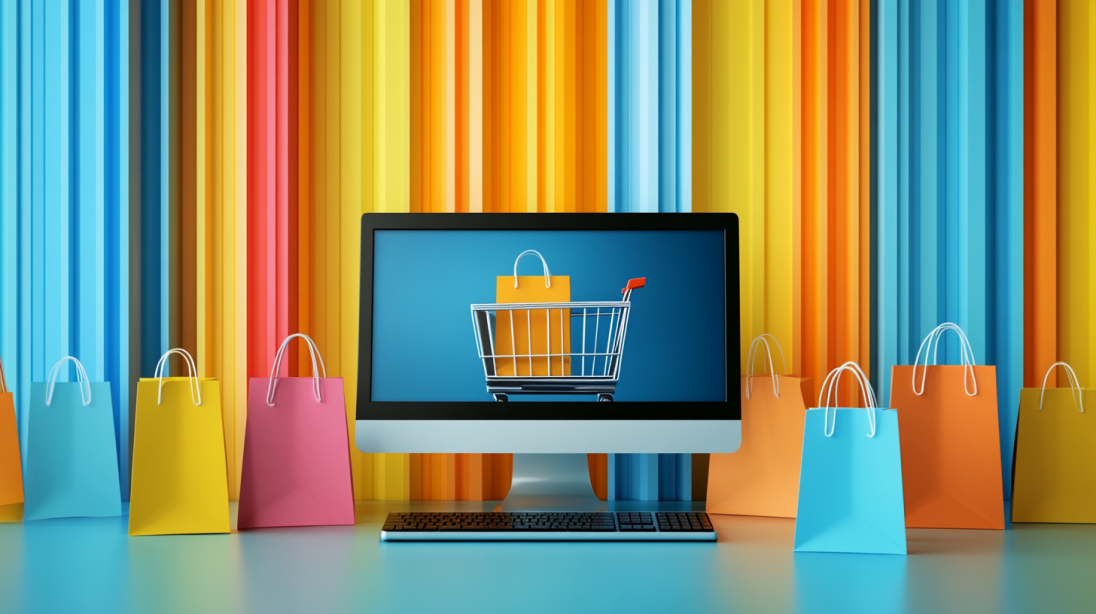 A computer monitor displays a shopping cart with a shopping bag inside, surrounded by colorful shopping bags against a vibrant striped background.