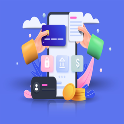 A mobile commerce platform featuring a digital payment process, financial icons, and transaction security, representing a Shopify alternative for online businesses