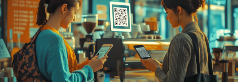 two customers scanning qr code with phone at restaurant