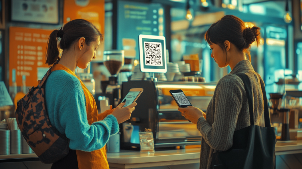 two customers scanning qr code with phone at restaurant