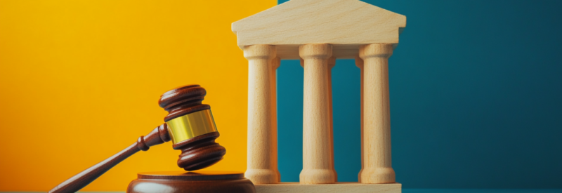 wooden blocks and gavel for Visa and Mastercard settlement