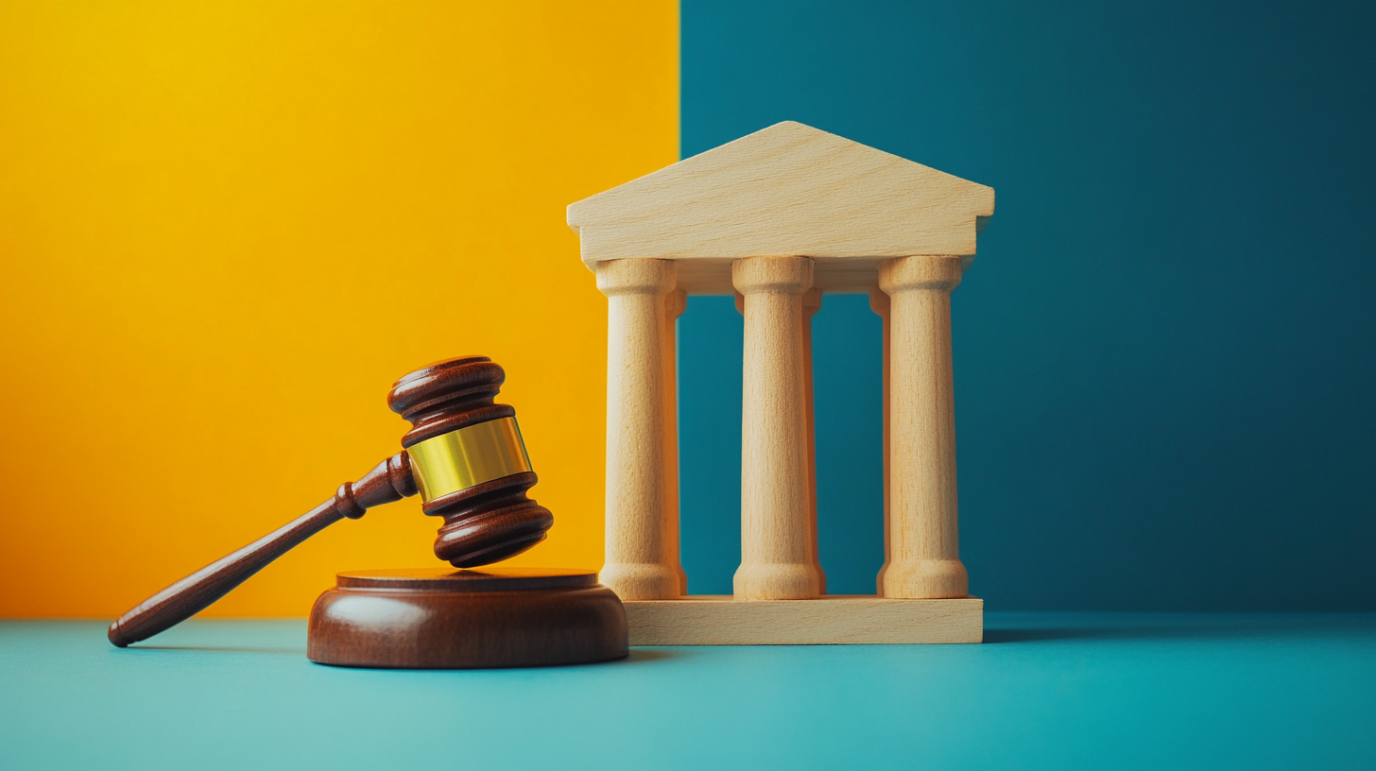 wooden blocks and gavel for Visa and Mastercard settlement
