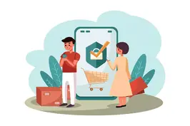 An illustration of a man and woman using a giant phone to shop online.