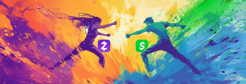 A dynamic, colorful illustration of two figures clashing, one representing Zelle in purple and the other representing Cash App in green, symbolizing a head-to-head comparison.