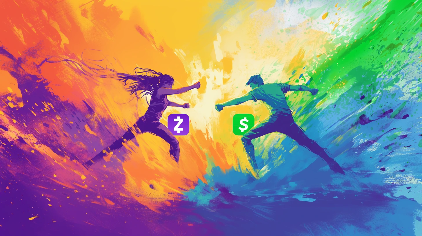 A dynamic, colorful illustration of two figures clashing, one representing Zelle in purple and the other representing Cash App in green, symbolizing a head-to-head comparison.