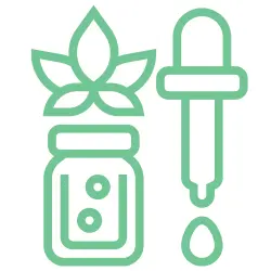 A vial of CBD oil that can be sold with a New Hampshire CBD license. A marijuana plant is above the vial and a tincture dropper is beside the CBD oil.