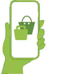 A hand holding a green phone selling on shopify.