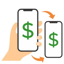A hand holding a mobile phone using a  P2P services like Cash App to transfer money to another phone.