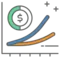 graph with a blue line and an orange line trending up and a green and white circle with a dollar sign inside. 