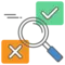 Magnifying glass in center, with green box with checkmark in top righthand corner and orange box with an X in bottom lefthand corner.
