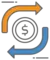 A white circle with a dollar sign. An orange and blue arrow are encircling it.