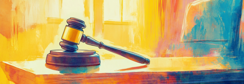 A colorful artistic depiction of a judge's gavel resting on a wooden desk in front of a sunlit window, symbolizing legal and tax-related discussions.