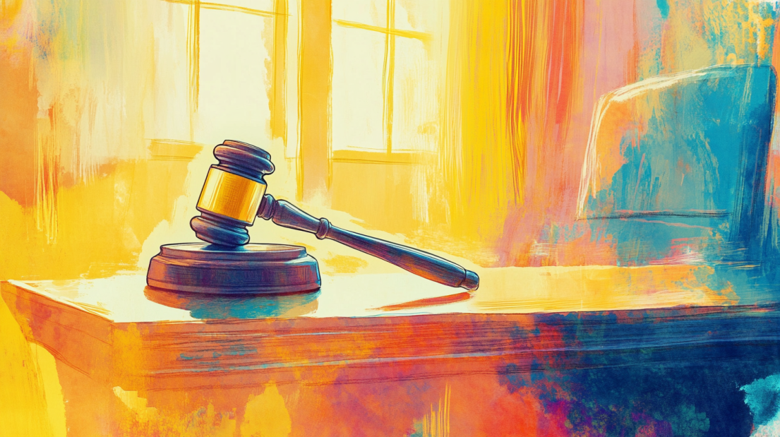 A colorful artistic depiction of a judge's gavel resting on a wooden desk in front of a sunlit window, symbolizing legal and tax-related discussions.