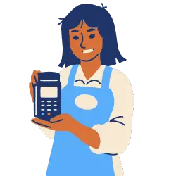 A woman in an apron holding a POS system after comparing Lightspeed vs Shopify 