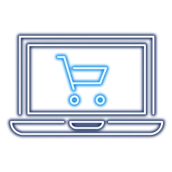 A dark blue computer with a light blue shopping cart on the screen for those evaluating Sellvia vs Shopify for their eCommerce business.