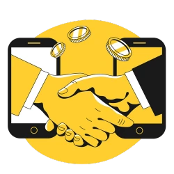 Hands protruding from phone, shaking hands, symbolizing the ways in which merchants can use Cash App for both personal and professional/business purposes.