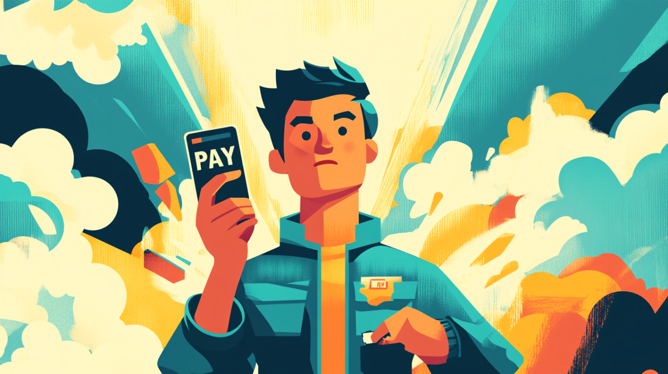 A determined young man in a futuristic jacket holds up a smartphone displaying "PAY", with an explosive comic-style background in shades of blue, yellow, and orange, symbolizing digital transactions and financial decisions.