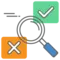 magnifying glass, orange box with x, green box with a checkmark