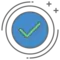 A blue circle with a green checkmark inside.