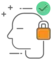 An outline of a person's side profile. To the side is a security lock and a checkmark.