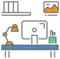 Desktop with laptop and computer and charts. 