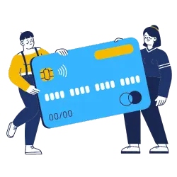 Two women holding a giant credit card between them after evaluating the different payment methods.