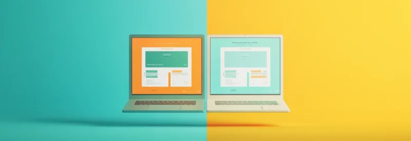 Side-by-side comparison of two laptops displaying website builder interfaces, one with an orange background and the other with a yellow background, highlighting differences between Weebly and Shopify