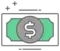 A green dollar bill with a gray circle with a dollar sign in the center. 