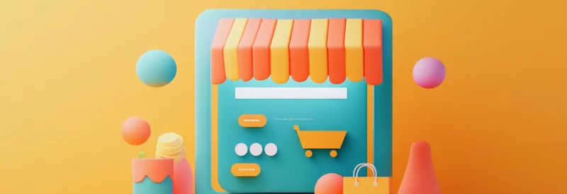 Playful 3D illustration of an online storefront interface with vibrant orange and teal colors, featuring a shopping cart icon and floating objects symbolizing ecommerce tools.