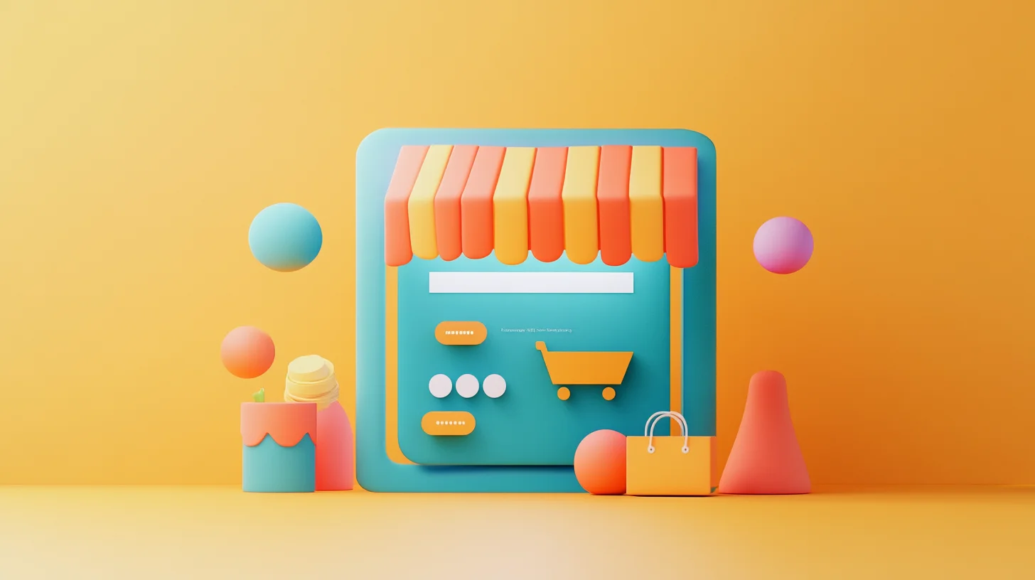 Playful 3D illustration of an online storefront interface with vibrant orange and teal colors, featuring a shopping cart icon and floating objects symbolizing ecommerce tools.